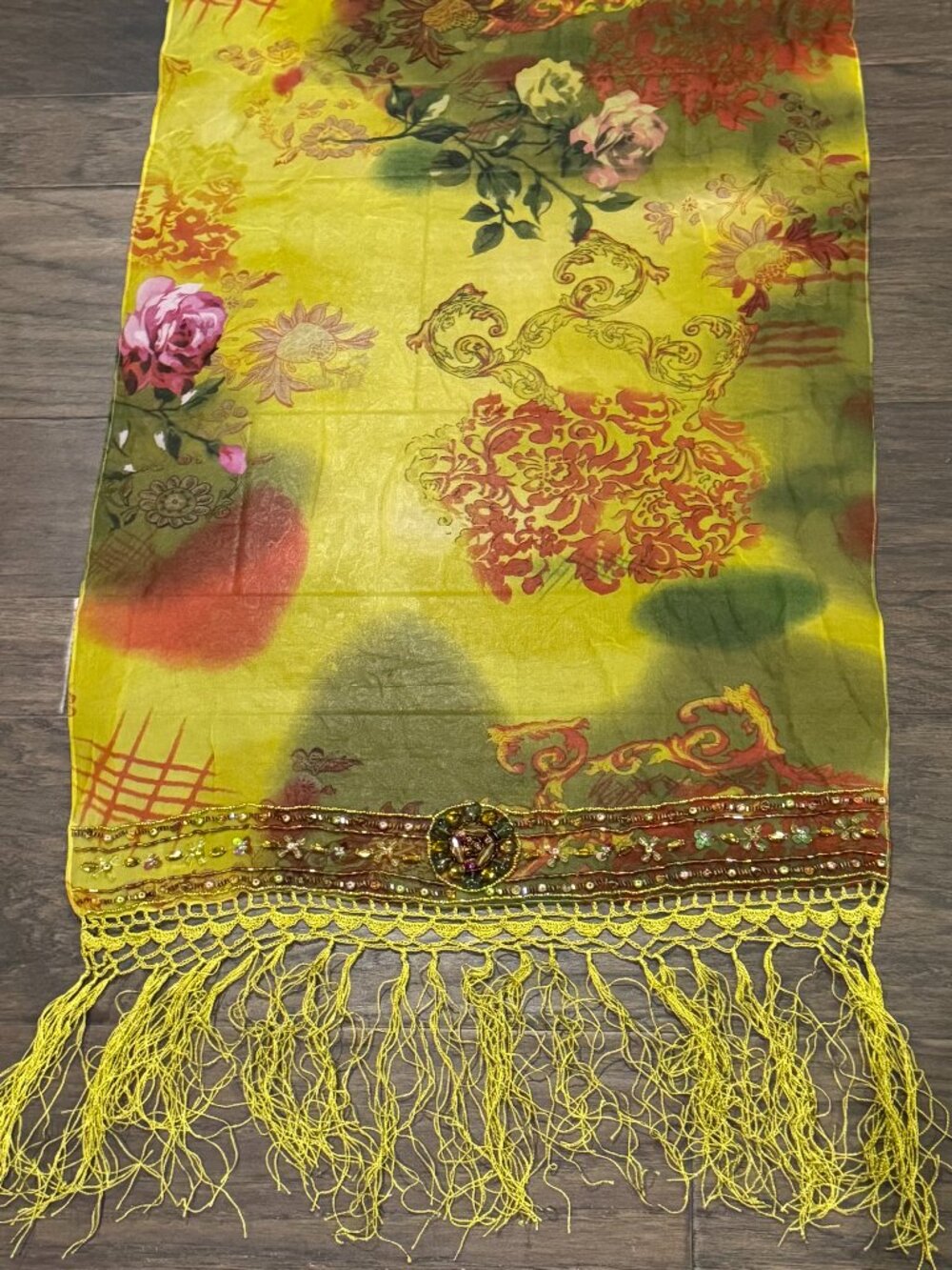 Sue Wong Evening Green red pink #1 Scarf Shawl Runner Large Big Hand Bead Lace